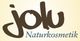 Logo mit braunem Schriftzug "jolu" und darunter "Naturkosmetik" in blauer Schrift auf hellem Hintergrund.