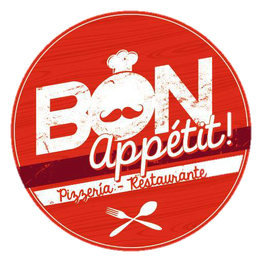 Logo circular rojo con texto: "BON Appétit! Pizzería - Restaurante". Icono de cuchara y tenedor.