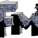 "Groenblauw stenen figuur met gaten en uitgesneden silhouetten."