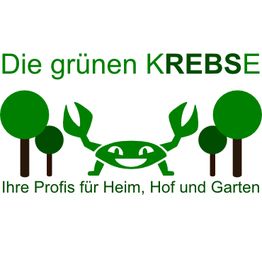 Grüne Krabbe mit Bäumen, Text: "Die grünen KREBSE - Ihre Profis für Heim, Hof und Garten".
