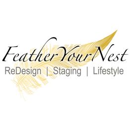 Logo with script text "Feather Your Nest" and tagline: "ReDesign | Staging | Lifestyle."