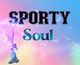 Text "SPORTY Soul" vor buntem Himmel mit Wolken und zwei Sportlern in schwebender Pose.