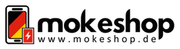 Logo mit Handy-Symbol und rotem, gelbem Blitzdesign, Text "mokeshop".