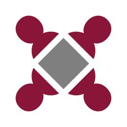 Grafisches Logo: Graues Quadrat umgeben von vier bordeauxroten Kreisen.