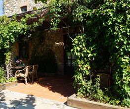 Casa rústica con fachada de piedra, enredaderas y sillas al exterior, bajo luz del sol.