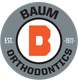 Baum Orthodontics logo: orange "B" in center, gray circle, "Est. 1972" text.