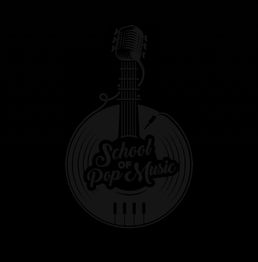 Illustratie van een gitaar, microfoon en piano met tekst: "School of Pop Music" op een zwarte achtergrond.