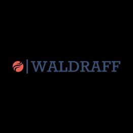 Logo mit rotem Symbol und dem blauen Text "WALDRAFF" auf schwarzem Hintergrund.