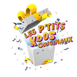 Boîte cadeau grise ouverte, rubans jaunes; texte "Les p'tits Kdos originaux".