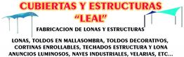 Texto promocional de servicios de fabricación de lonas y estructuras en llamativos colores.