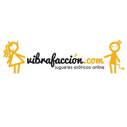 Logo de "vibrafacción.com", tienda online de juguetes eróticos, con dibujos de figuras humanas.