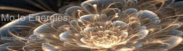 Abstrakte, leuchtende Blume mit Text "Mo Jo Energies Informationsportal" auf dunklem Hintergrund.