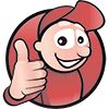 Comic-Figur in Rot gibt einen Daumen hoch und lächelt in einem Kreis.