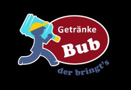 Logo von "Getränke Bub" mit einer Figur, die eine Flasche trägt, auf schwarzem Hintergrund.
