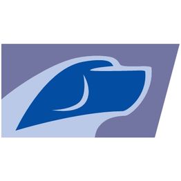 Stilisiertes blaues Hundeprofil auf lila Hintergrund.