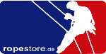 Logo: Silhouette einer abseilenden Person, roter und blauer Hintergrund, Text "ropestore.de".