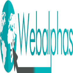 Globe with arrow logo and "Webalphas" text in teal font.