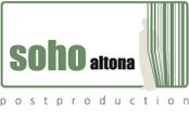 Logo mit Text "soho altona postproduction", grün und schwarz, mit einem stilisierten Barcode.