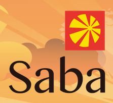 Logo da Saba com fundo laranja e desenho de flor amarela em quadrado vermelho.