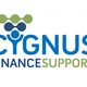 Logo van "Cygnus Finance Support" met blauwe en groene letters en ontwerp erboven.