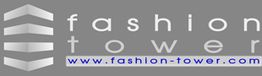 Logo mit Schriftzug "fashion tower" und URL "www.fashion-tower.com" auf grauem Hintergrund.