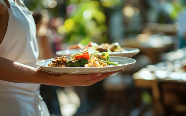 Kellnerin bring an einem sonnigen Tag, das bestellt Essen nach draußen an den Tisch.