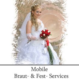 Braut im weißen Kleid mit Blumenstrauß, Text: Mobile Braut- & Fest-Services.