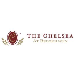 Logo for "The Chelsea at Brookhaven" with a maroon emblem and decorative leaves.