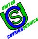 Logo: Blau-grüne Buchstaben "UCS" mit "United Courier Service" in grüner und blauer Schrift.