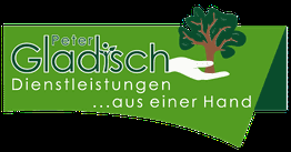 Logo von Peter Gladisch: Baum in Hand, Text "Dienstleistungen aus einer Hand", grüner Hintergrund.