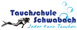 Illustration von Taucher mit Text: "Tauchschule Schwabach - Jeder kann Tauchen", Blasen im Hintergrund.
