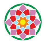 Buntes Mandala mit roten, lila, blauen und orangen Blütenblättern in grünem Kreis.