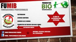 Tarjeta de fumigación profesional, productos biodegradables, contacto y 10 años de experiencia.