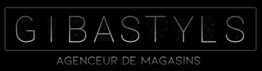 Texte "GIBASTYLS AGENCEUR DE MAGASINS" sur fond noir, design minimaliste et contemporain.