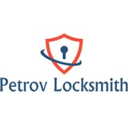 Logo of Petrov Locksmith with a red shield, keyhole, and blue orbit line above the text.