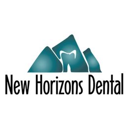 Logo of New Horizons Dental with mountain shapes and a tooth silhouette.