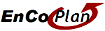Schwarz-rotes EnCoPlan-Logo mit Pfeil.