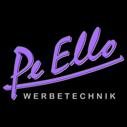Logo mit lila Schrift "Pe Ello" und darunter "WERBETECHNIK" in Grau auf schwarzem Hintergrund.