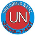 Logotipo circular com "UNIFORMES NATAL" e número de telefone. Fundo azul e vermelho.