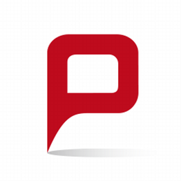Rotes P-förmiges Logo mit einer weißen quadratischen Mitte und einem angedeuteten Schatten darunter.