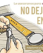 Mujer ajustando la correa de un reloj. Texto promocional sobre servicios de correas personalizadas.