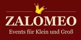 Logo mit Text "ZALOMEO - Events für Klein und Groß" und einer Krone auf rotem Hintergrund.