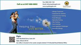 Family in a field with allergy clinic services listed; contact info and QR code included.