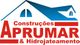 Logotipo com casa azul, texto "Construções Aprumar & Hidrojateamento" em vermelho.