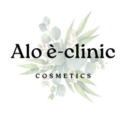 Logo de Alo è-clinic Cosmetics con fondo de hojas verdes.