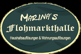 Ovales Schild mit Text "Marina's Flohmarkthalle, Haushaltsauflösungen & Wohnungsauflösungen".