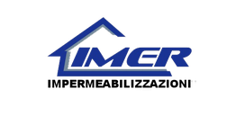 Logo blu con la scritta "IMER" sotto una linea che forma un tetto di casa.