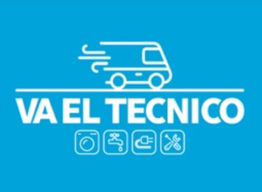 Furgoneta rápida con texto "VA EL TÉCNICO" y iconos de electrodomésticos y herramientas.