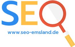 SEO-Logo mit Lupe und Website www.seo-emsland.de in blauer Schrift.