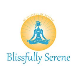 Blue figure meditating in lotus position with yellow background, text: "Blissfully Serene."